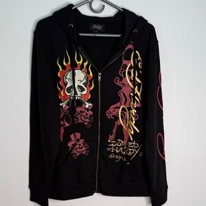 Ed Hardy Y2K Skull Flame Full Zip Hoodie Black Size S Oversized